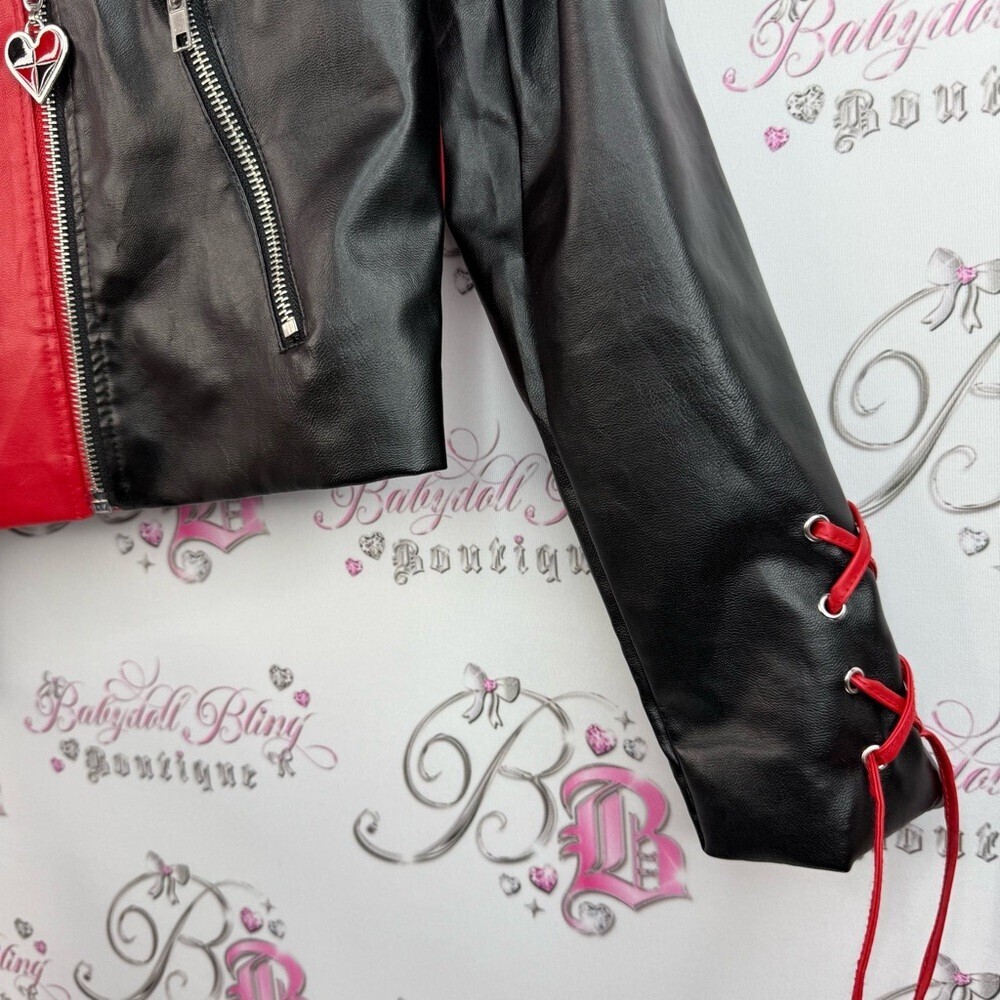 Spirit Halloween two tone red Black Faux Leather Moto Jacket with Heart Zip - Picture 7 of 10